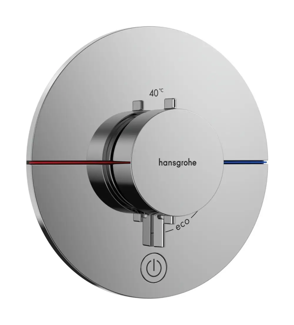 Thermostat von Hansgrohe mit einem runden Chrom-Design und Temperaturanzeige. Regler für einen Verbraucher und Eco-Modus. 40 °C markiert. Schaltfläche integriert.